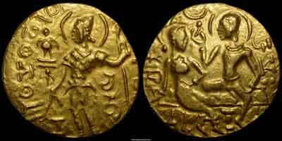 Chandragupta I gold coin, Gupta. Vishnu type. Obverse: King standing facing, head left, holding standard in left hand and making offering over a fire altar with right hand. In left field a garuda standard behind altar. Under left hand, CHANDRA in Gupta-Bramhi legend, Gupta-Bramhi legend around. Reverse: Nrayana Vishnu with halo around head, seated on counch left, right hand raised, holding a lotus, left hand resting on knee. Goddess Lakshmi seated on counch right, right hand resting on the edge of th counch, left hand resting on hip, Gupta-Bramhi script SRI VIKRAMAH.