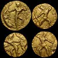 Gupta gold coins, Chandragupta Samudragupta Kumaragupta, lion-slayer type variety.