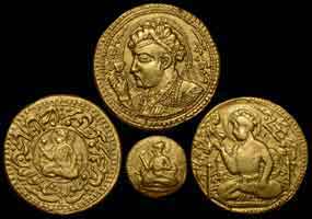 Jahangir portrait Mohur, a set of self portrait gold coin, Bacchanalian.