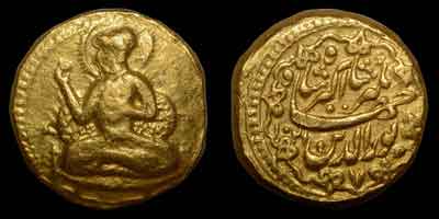 Jahangir portrait gold coin, self portrait quarter mohur. Obverse: Small figure of Jahangir with radiate head seated cross-legged head left, holding a drinking globlet (wine cup) in right hand, left hand on a book. Reverse: Persian legend with ornamented eightfoil, AH year 1021, regnal year 7.