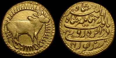 Jahangir zodiac gold coin, zodiac mohur. Obverse: Bull, TAURUS. Hump bull standing right surrounded by solar rays. Reverse: Persian legend, AH year 1030, regnal year 16, Agra mint.