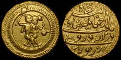 Jahangir zodiac gold coin, zodiac mohur. Obverse: Twins, GEMINI. Twins standing face to face and embracing, both holding instruments sita and veena in radiate circle. Reverse: Persian legend, AH year 1031, regnal year 16, Agra mint.