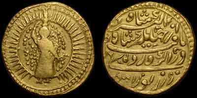 Jahangir zodiac gold coin, zodiac mohur. Obverse: Winged female, VIRGO. Winged maiden stand facing and holding by right hand a water-jar or a bin storing bread on her head, a bread of hair down her back, an ear of corn on her left hand in radiate circle. Reverse: Persian legend, AH year 1031, renal year 16, Agra mint.