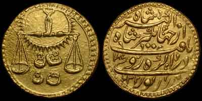 Jahangir zodiac gold coin, zodiac mohur. Obverse: Scales, LIBRA. Scale with four weights with radiate circle. Reverse: Persian legend, regnal year 18, AH year 1032, Agra mint.