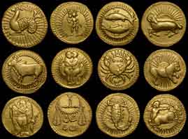Jahangir zodiac gold coin, a set of 12 zodiac signs mohur, Agra mint.